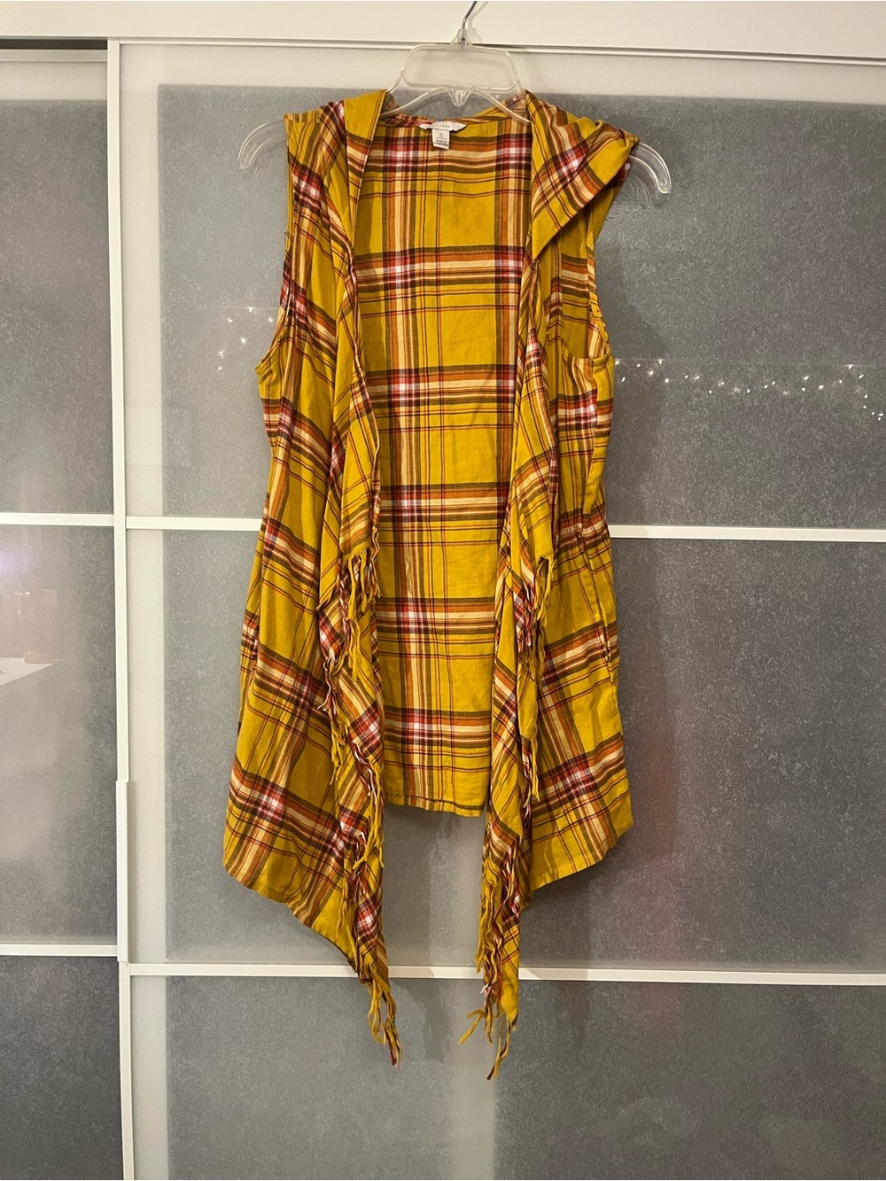 Cato Yellow Plaid Hooded Sleeveless Vest with Red & Cream Accents